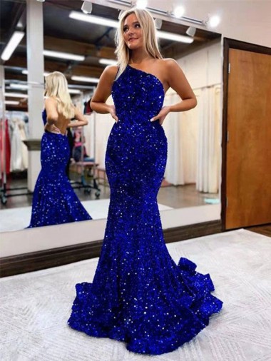 Bleu roi Sirène Balayage train Paillettes Velours Longue Robes de bal Pas Cher