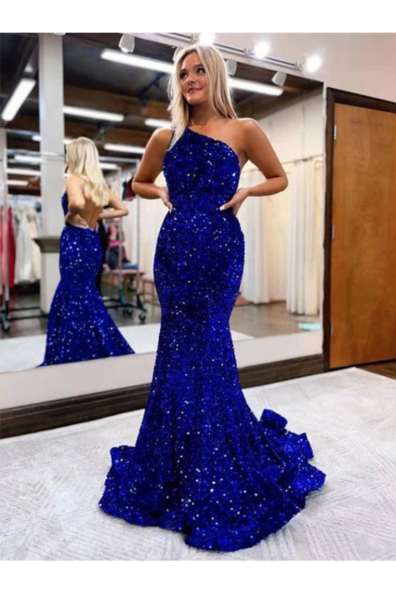 Bleu roi Sirène Balayage train Paillettes Velours Longue Robes de bal Pas Cher