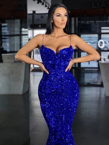 Bleu roi Sirène Bretelles spaghetti Balayage train Paillettes Velours Longue Robes de bal