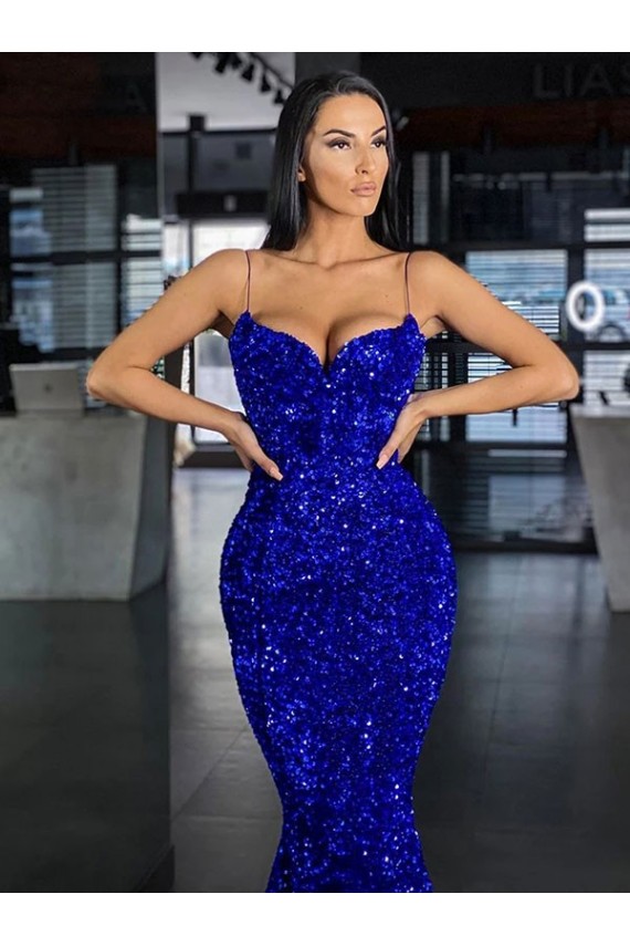 Bleu roi Sirène Bretelles spaghetti Balayage train Paillettes Velours Longue Robes de bal Pas Cher