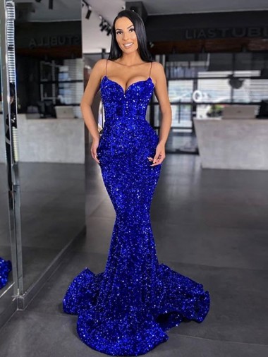 Bleu roi Sirène Bretelles spaghetti Balayage train Paillettes Velours Longue Robes de bal Pas Cher