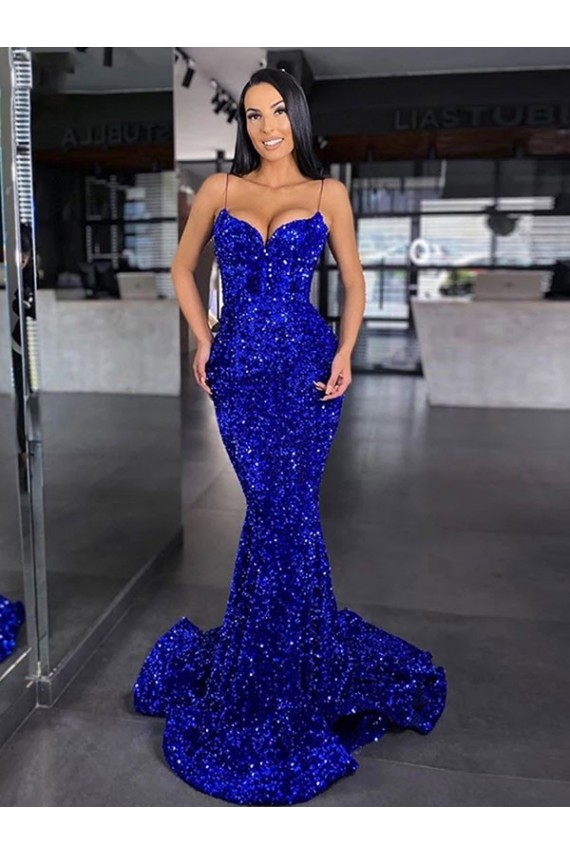 Bleu roi Sirène Bretelles spaghetti Balayage train Paillettes Velours Longue Robes de bal Pas Cher