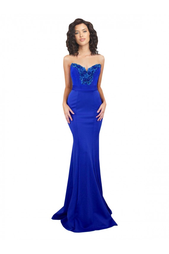 Bleu roi Sirène Col Haut Crêpe Stretch Longue Formelles Robes demoiselle d'honneur / Robes de soirée / Robes de bal Pas Cher