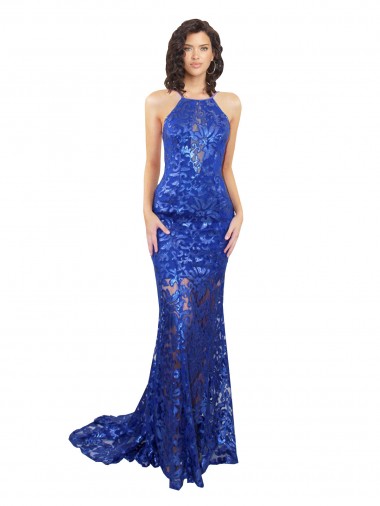 Bleu roi Sirène Col Haut Dentelle Longue Robes demoiselle d'honneur / Robes de bal Pas Cher