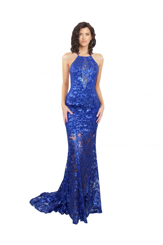 Bleu roi Sirène Col Haut Dentelle Longue Robes demoiselle d'honneur / Robes de bal Pas Cher