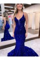 Bleu roi Sirène Col V Traîne moyenne Paillettes Velours Longue Robes de bal Pas Cher