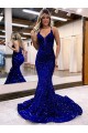 Bleu roi Sirène Col V Traîne moyenne Paillettes Velours Longue Robes de bal Pas Cher