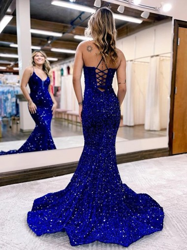 Bleu roi Sirène Col V Traîne moyenne Paillettes Velours Longue Robes de bal