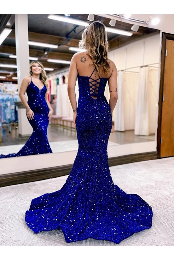 Bleu roi Sirène Col V Traîne moyenne Paillettes Velours Longue Robes de bal Pas Cher