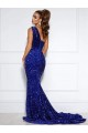 Bleu roi Sirène Traîne moyenne Paillettes Velours Longue Robes de bal Pas Cher