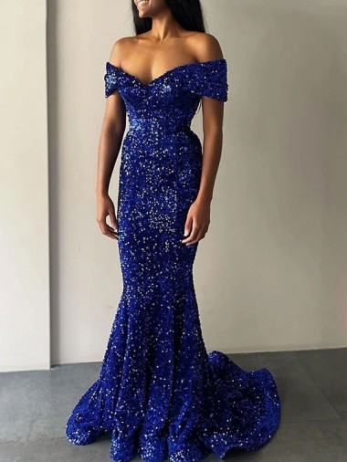 Bleu roi Sirène Épaule Dénudée Balayage train Paillettes Velours Longue Robes de bal Pas Cher