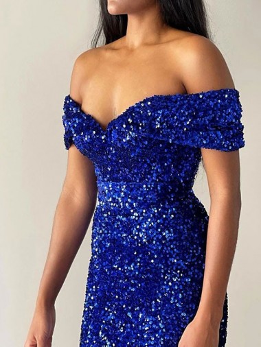 Bleu roi Sirène Épaule Dénudée Balayage train Paillettes Velours Longue Robes de bal