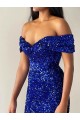 Bleu roi Sirène Épaule Dénudée Balayage train Paillettes Velours Longue Robes de bal Pas Cher