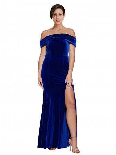 Bleu roi Sirène Épaule Dénudée Velours Stretch Longue Formelles Robes demoiselle d'honneur / Robes de soirée / Robes de bal Pas Cher