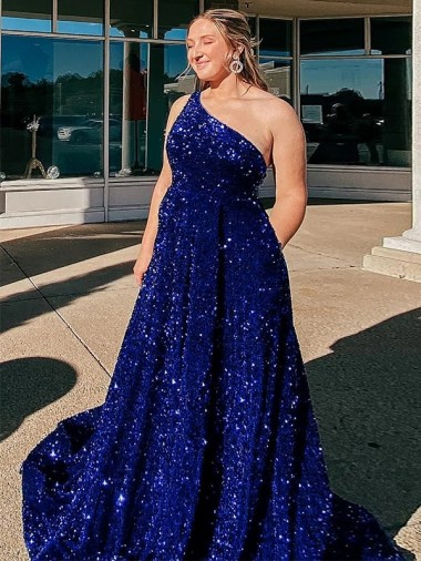 Bleu roi Trapèze Balayage train Paillettes Velours Longue Robes de bal Pas Cher