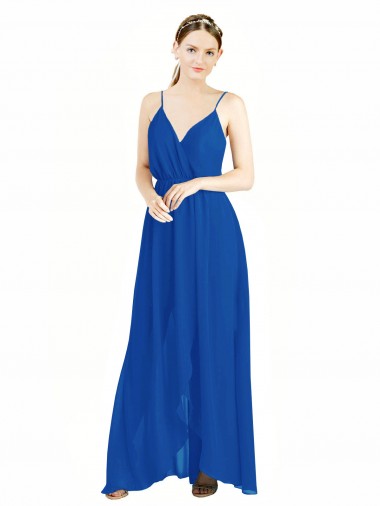 Bleu roi Trapèze Bretelles spaghetti Col V Mousseline Longue Robes demoiselle d'honneur Pas Cher