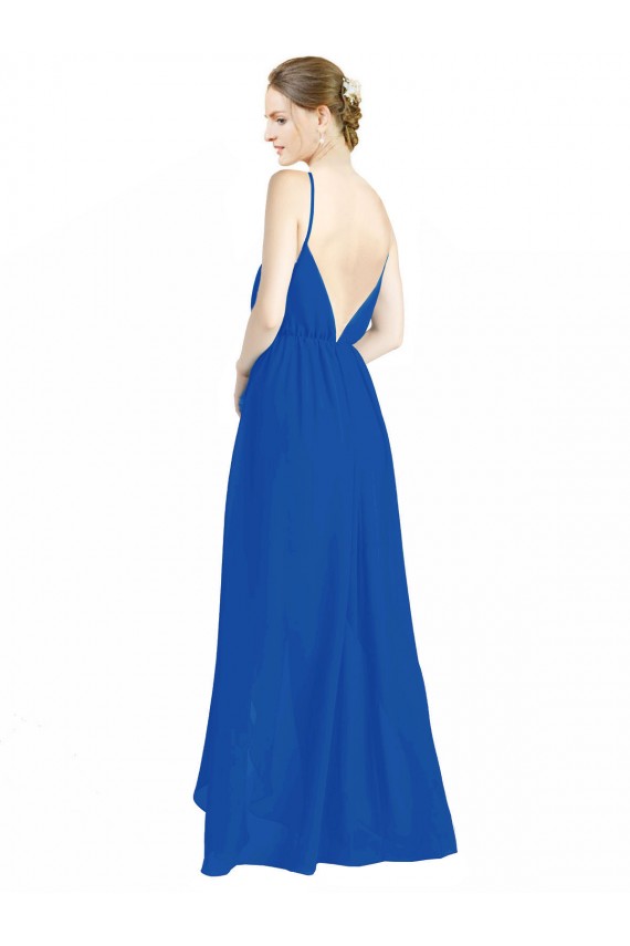 Bleu roi Trapèze Bretelles spaghetti Col V Mousseline Longue Robes demoiselle d'honneur Pas Cher