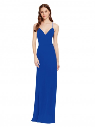Bleu roi Trapèze Bretelles spaghetti Col V Mousseline Longue Robes demoiselle d'honneur Pas Cher