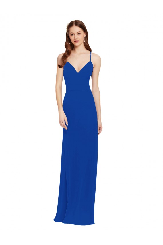 Bleu roi Trapèze Bretelles spaghetti Col V Mousseline Longue Robes demoiselle d'honneur Pas Cher