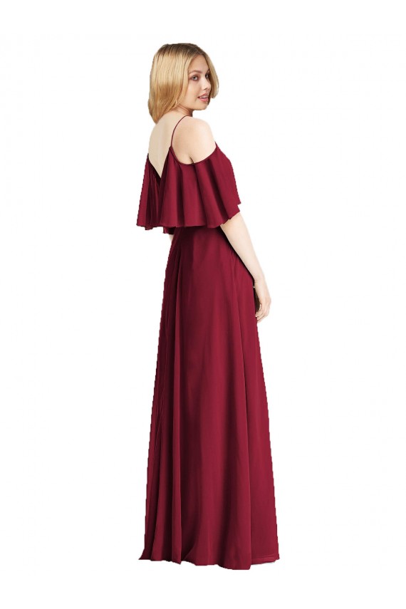 Bleu roi Trapèze Bretelles spaghetti Col V Mousseline Longue Robes demoiselle d'honneur Pas Cher