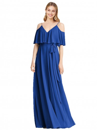 Bleu roi Trapèze Bretelles spaghetti Col V Mousseline Longue Robes demoiselle d'honneur Pas Cher