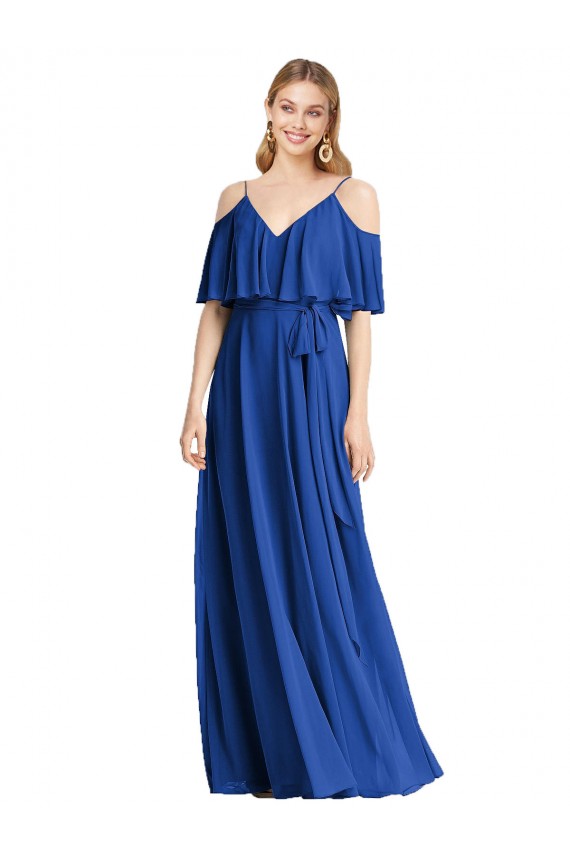 Bleu roi Trapèze Bretelles spaghetti Col V Mousseline Longue Robes demoiselle d'honneur Pas Cher