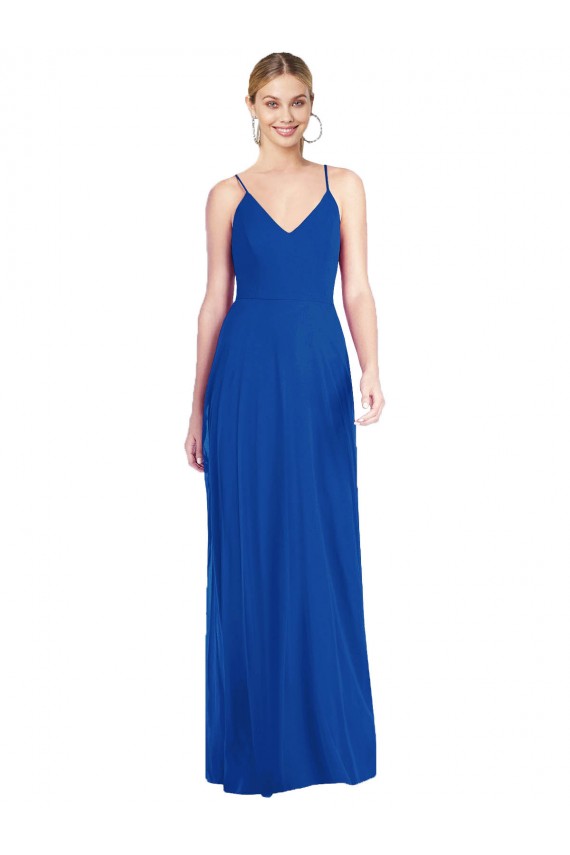 Bleu roi Trapèze Bretelles spaghetti Col V Mousseline Longue Robes demoiselle d'honneur Pas Cher