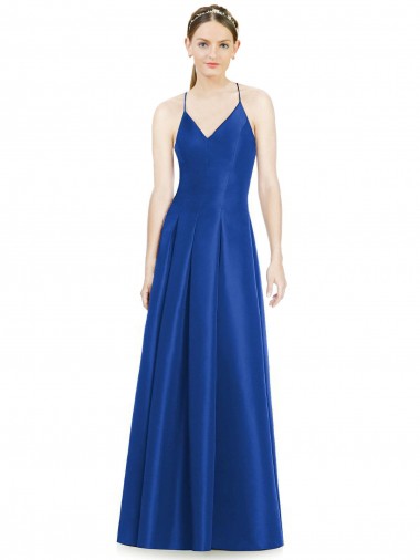Bleu roi Trapèze Bretelles spaghetti Col V Satiné Longue Robes demoiselle d'honneur Pas Cher