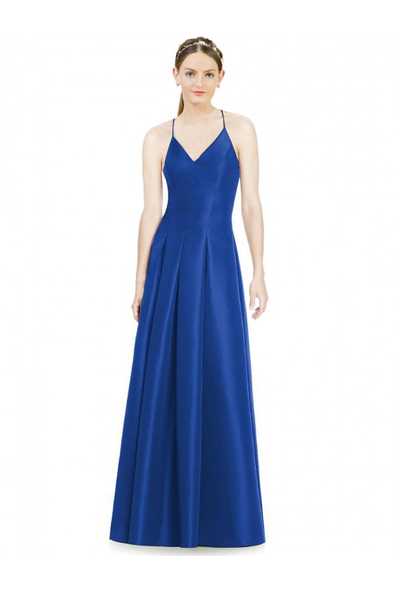 Bleu roi Trapèze Bretelles spaghetti Col V Satiné Longue Robes demoiselle d'honneur Pas Cher