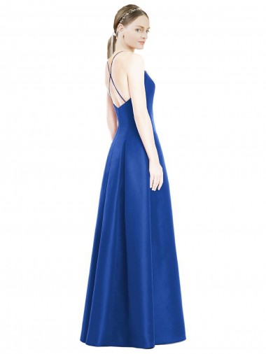 Bleu roi Trapèze Bretelles spaghetti Col V Satiné Longue Robes demoiselle d'honneur