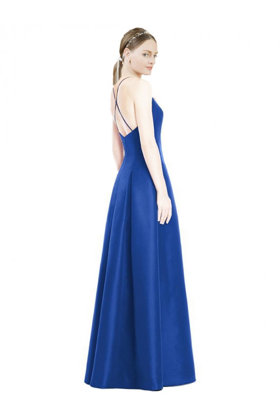 Bleu roi Trapèze Bretelles spaghetti Col V Satiné Longue Robes demoiselle d'honneur Pas Cher