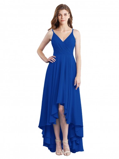 Bleu roi Trapèze Bretelles spaghetti Mousseline Longue Asymétrique Robes demoiselle d'honneur Pas Cher