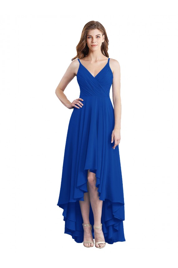 Bleu roi Trapèze Bretelles spaghetti Mousseline Longue Asymétrique Robes demoiselle d'honneur Pas Cher