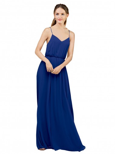 Bleu roi Trapèze Bretelles spaghetti Mousseline Longue Robes demoiselle d'honneur Pas Cher