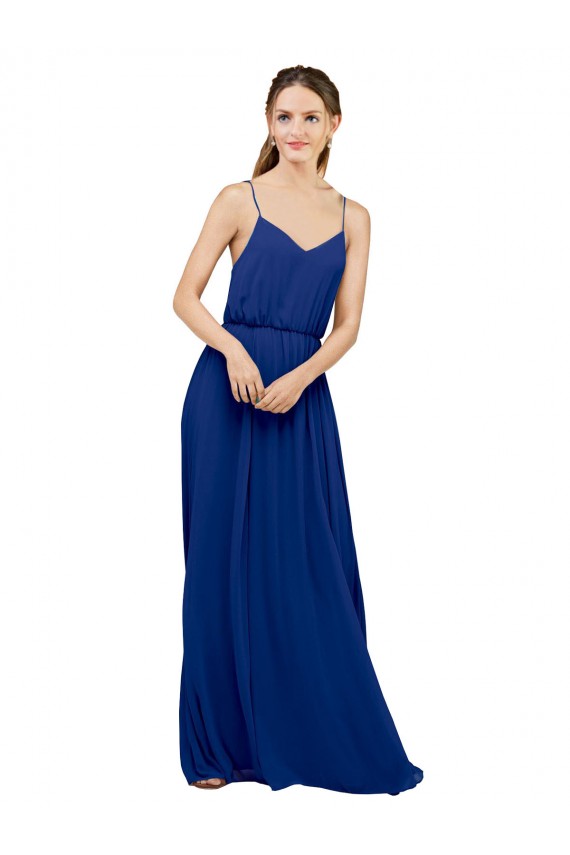 Bleu roi Trapèze Bretelles spaghetti Mousseline Longue Robes demoiselle d'honneur Pas Cher