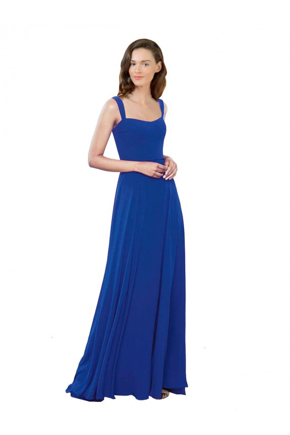Bleu roi Trapèze Col Carré Mousseline Longue Robes demoiselle d'honneur Pas Cher