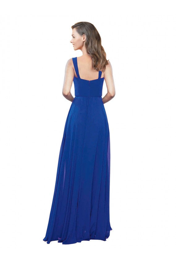 Bleu roi Trapèze Col Carré Mousseline Longue Robes demoiselle d'honneur Pas Cher