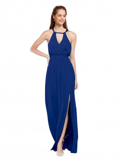 Bleu roi Trapèze Col Haut Mousseline Longue Robes demoiselle d'honneur Pas Cher