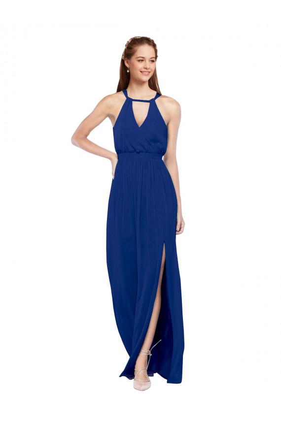 Bleu roi Trapèze Col Haut Mousseline Longue Robes demoiselle d'honneur Pas Cher