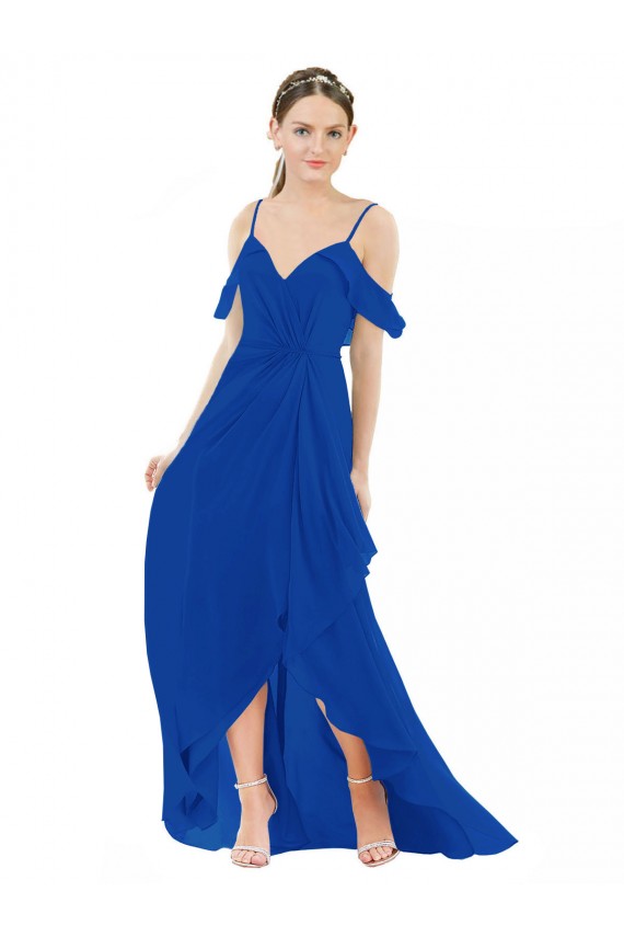 Bleu roi Trapèze Col V Mousseline Longue Asymétrique Robes demoiselle d'honneur Pas Cher