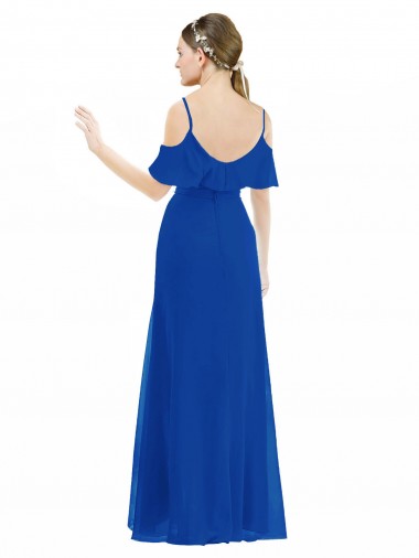 Bleu roi Trapèze Col V Mousseline Longue Asymétrique Robes demoiselle d'honneur
