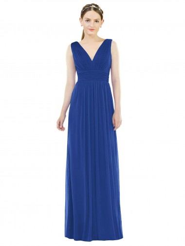 Bleu roi Trapèze Col V Mousseline Longue Robes demoiselle d'honneur Pas Cher