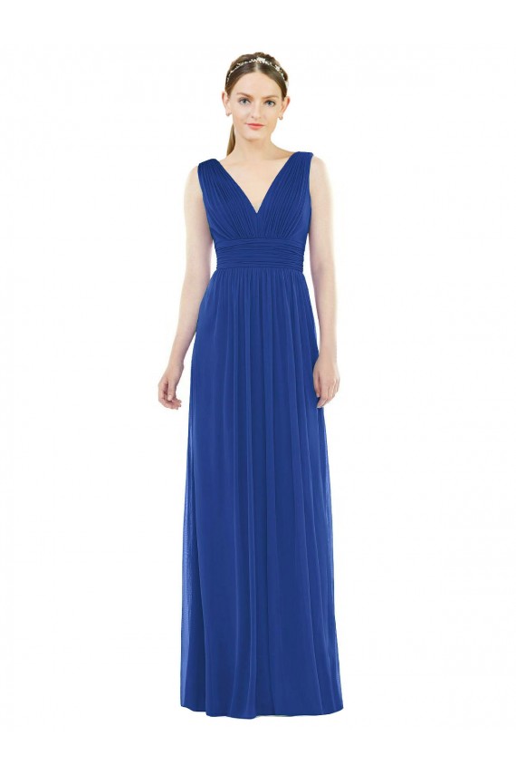 Bleu roi Trapèze Col V Mousseline Longue Robes demoiselle d'honneur Pas Cher