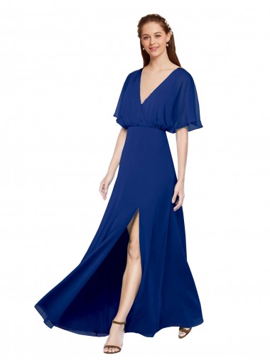 Bleu roi Trapèze Col V Mousseline Longue Robes demoiselle d'honneur Pas Cher