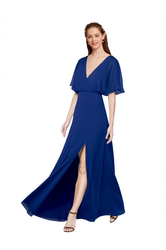 Bleu roi Trapèze Col V Mousseline Longue Robes demoiselle d'honneur Pas Cher