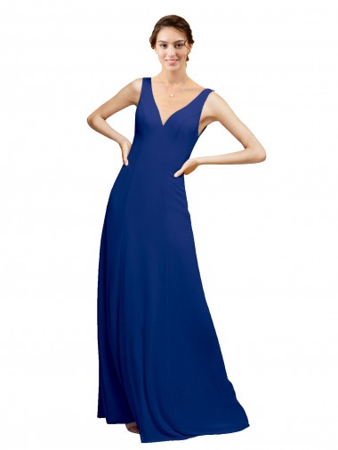 Bleu roi Trapèze Col V Mousseline Longue Robes demoiselle d'honneur Pas Cher