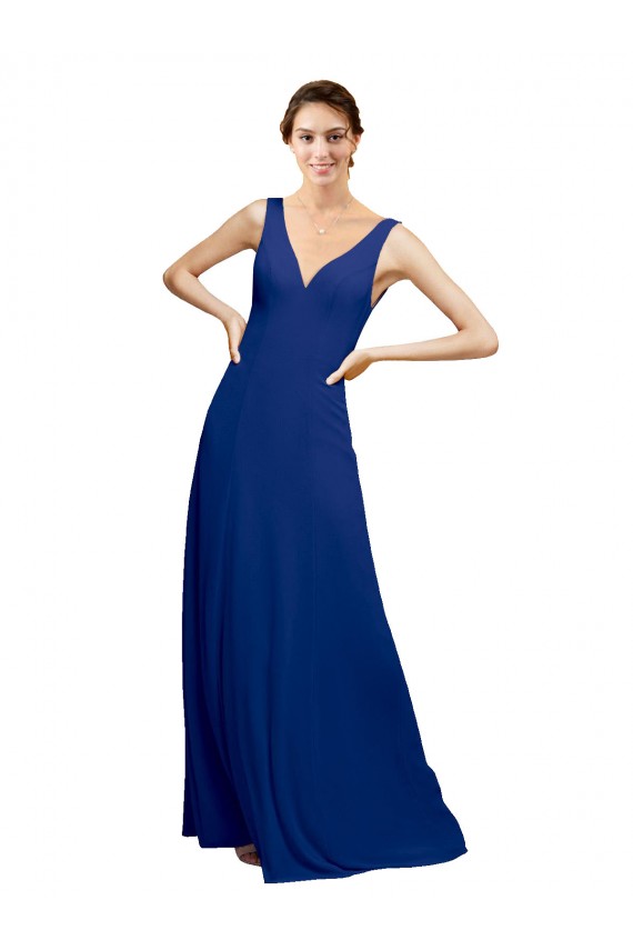 Bleu roi Trapèze Col V Mousseline Longue Robes demoiselle d'honneur Pas Cher
