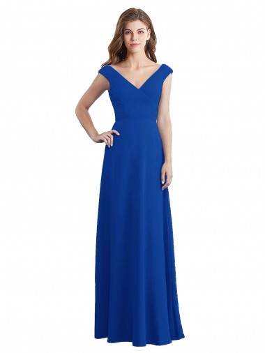 Bleu roi Trapèze Col V Mousseline Longue Robes demoiselle d'honneur Pas Cher