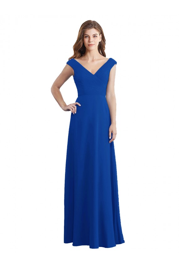 Bleu roi Trapèze Col V Mousseline Longue Robes demoiselle d'honneur Pas Cher