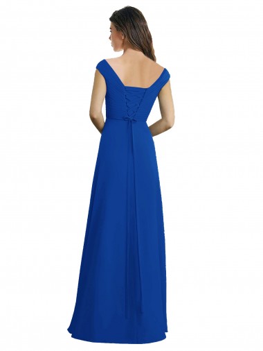 Bleu roi Trapèze Col V Mousseline Longue Robes demoiselle d'honneur